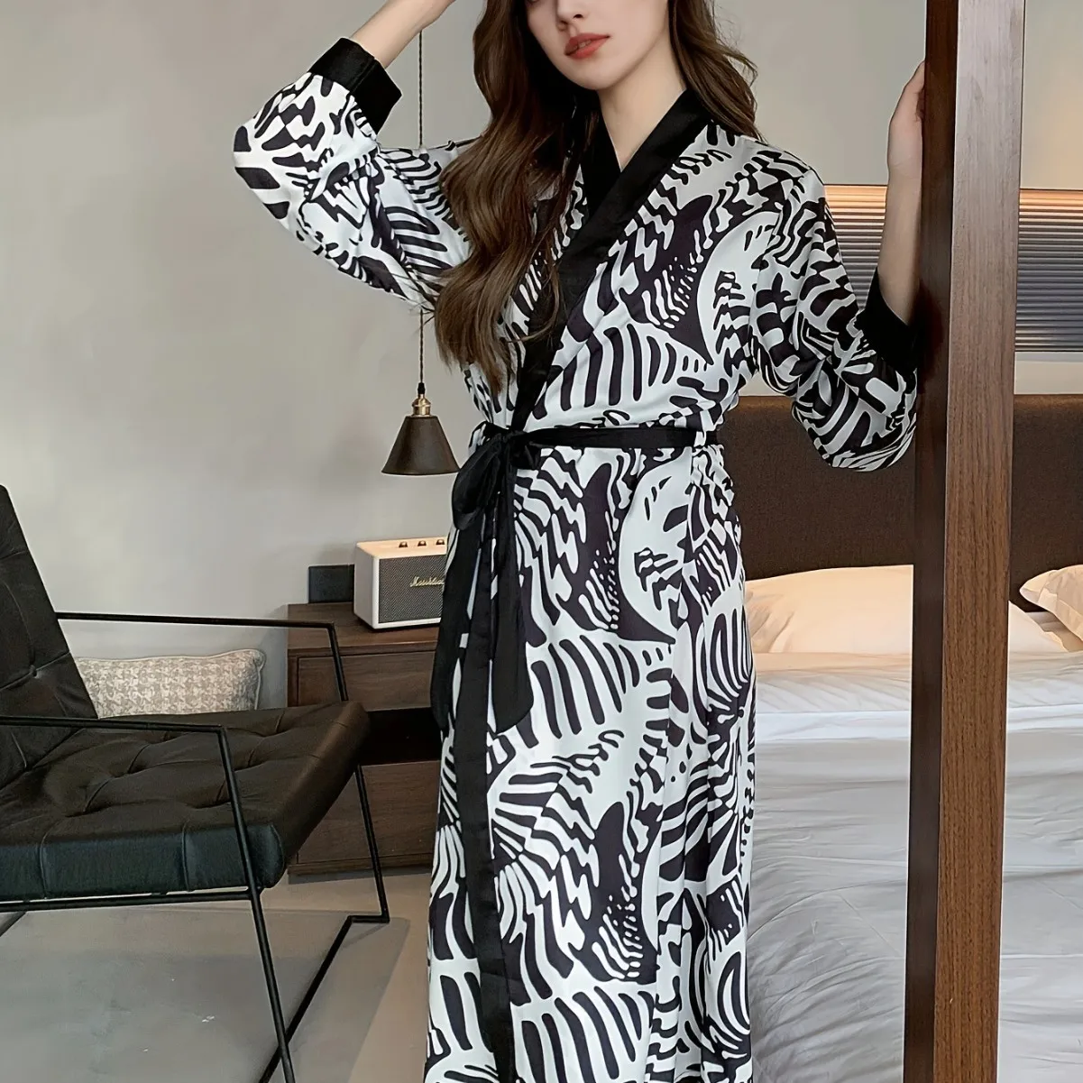 

Zebra Print Robe Women Long Sleeve Sleepwear Rayon Kimono Bathrobe Gown Autumn Spring New Loungewear Lady Sexy Pajamas Homewear