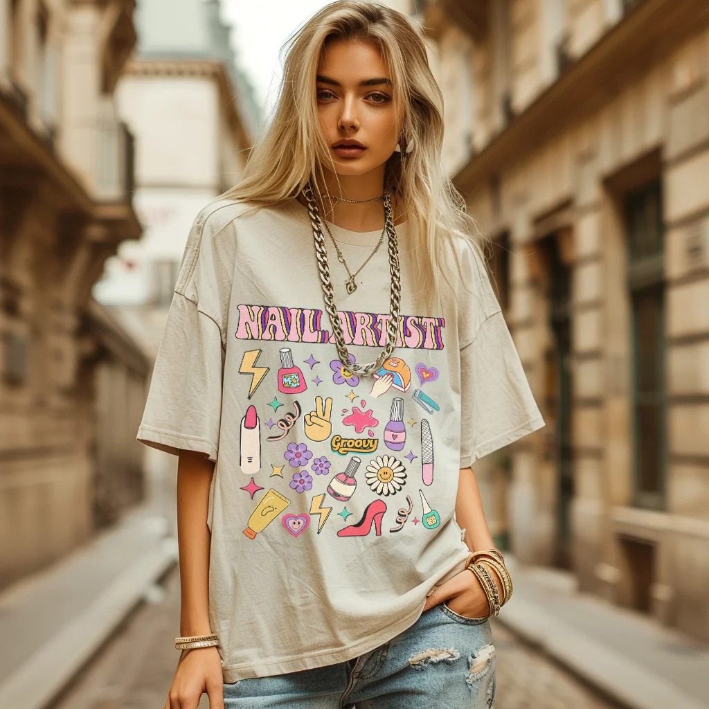 

Nail Artist Girl Women's washed t-shirt Vintage Casual Oversized Hip Hop Color Contrast Round Neck Chic Tops Clothes Unisex