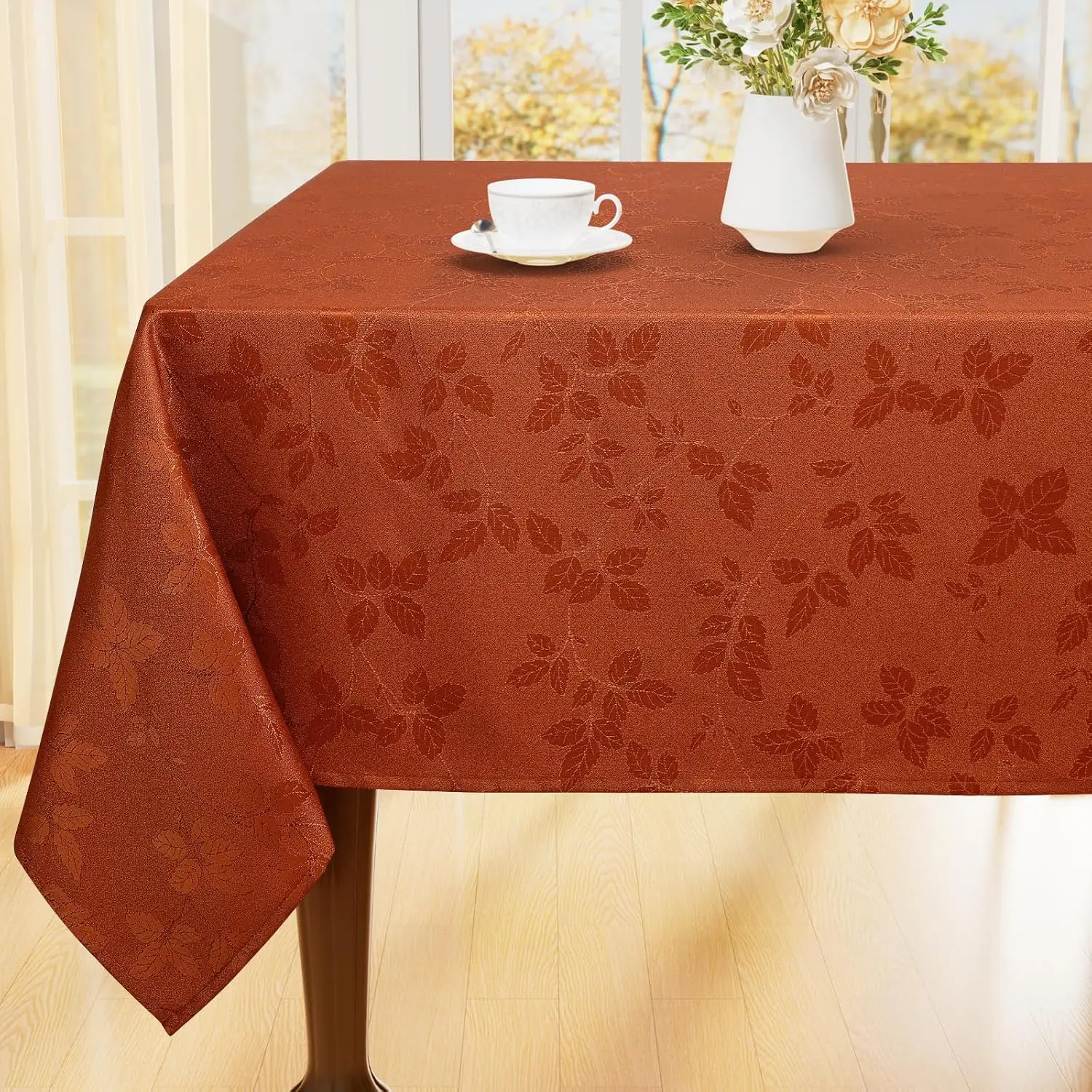 Thanksgiving Tablecloth Rectangle 60x84 Inch, Waterproof Fall Leaves Jacquard Table Cloth, Damask Fabric Table Covers KCXBB005