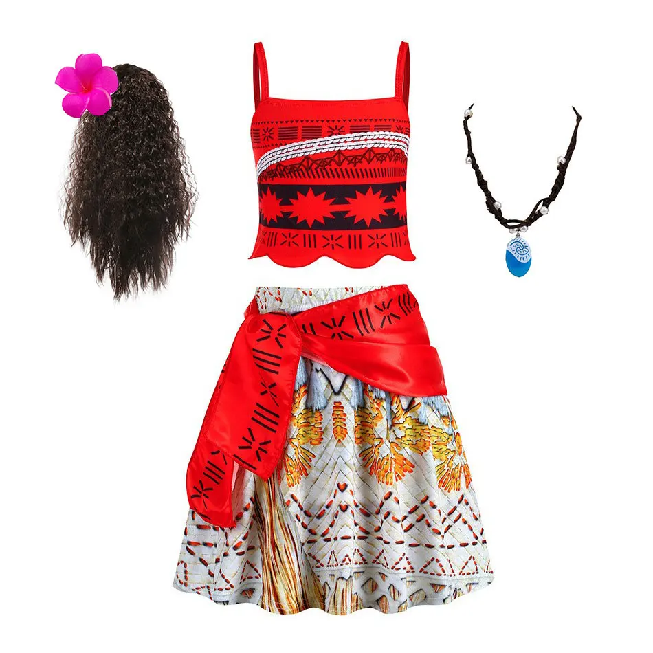 

Moana Girls Cosplay Costume Vaiana Princess Dress Necklace Wig Suits Children Halloween Carnival Role Play Clothes Kids Set