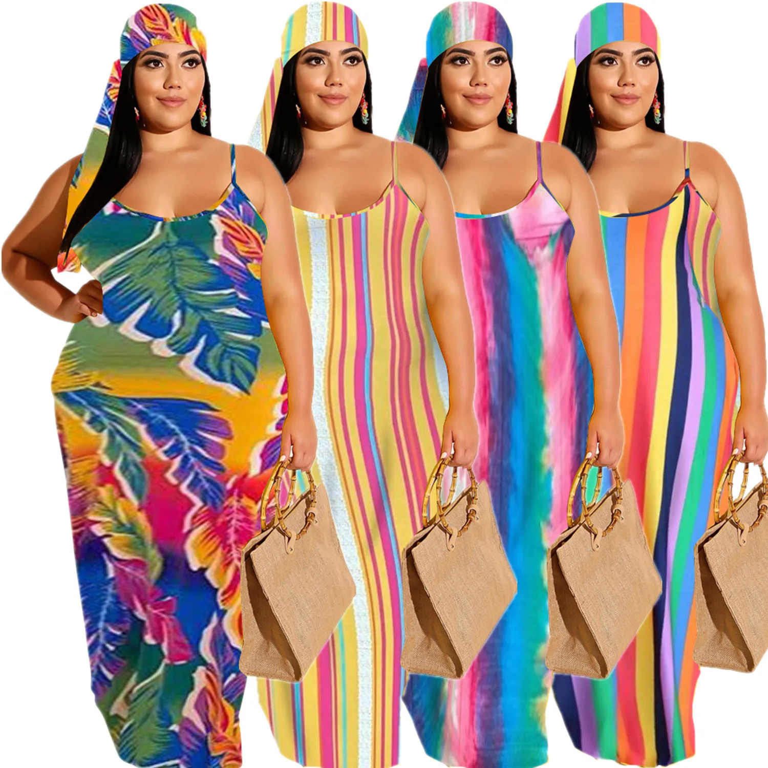 

Plus Size Women's Printed Slip Dresses Fashionable Colorful Stripes Prints Sleeveless Skirts Casual Party Elegant Swing Dress