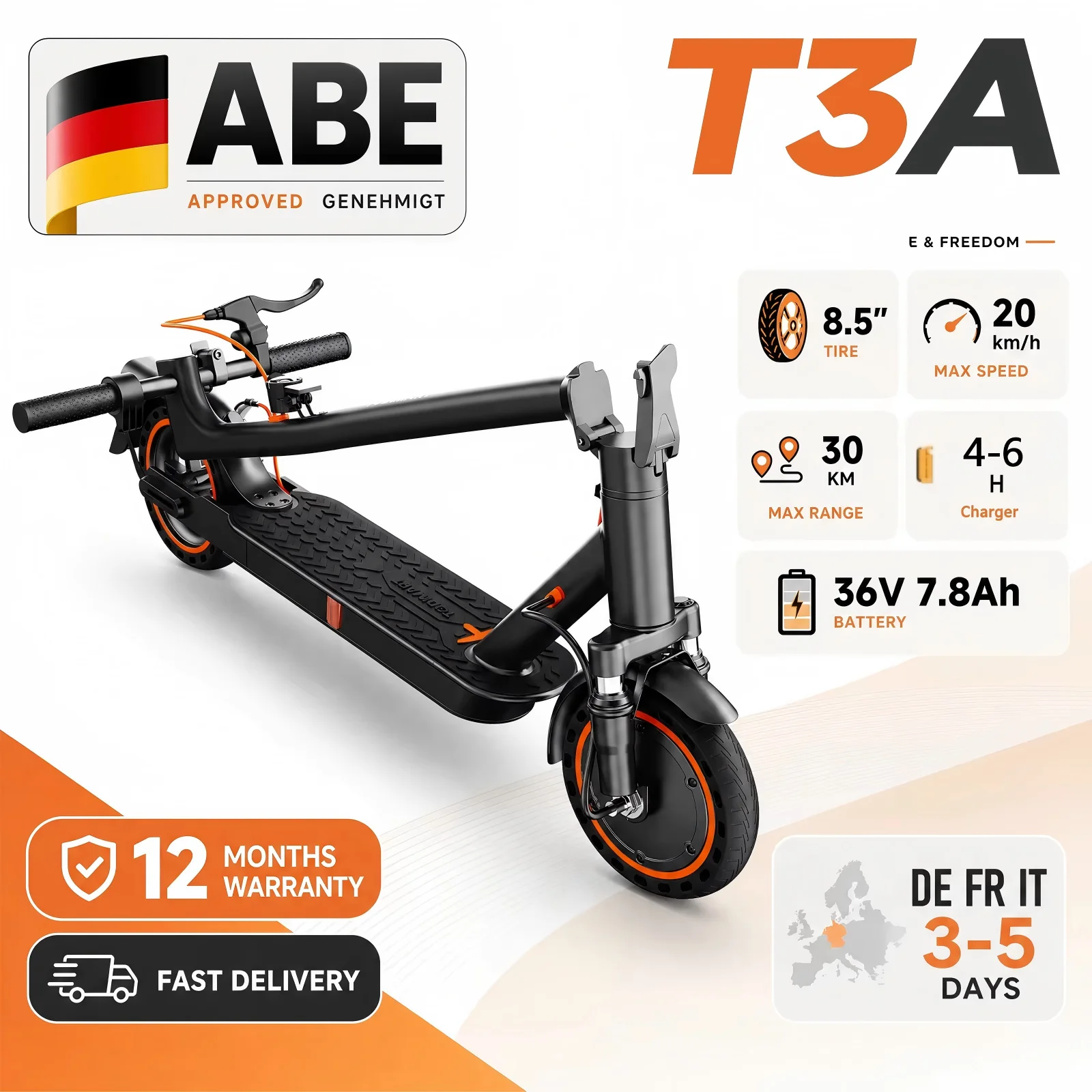 Trottinette électrique TODIMART T3A ABE pour adultes batterie 36V 7.8Ah, amortissement des chocs, trottinette pliable avec pneus de 8,5 pouces, trottinette électrique urbaine
