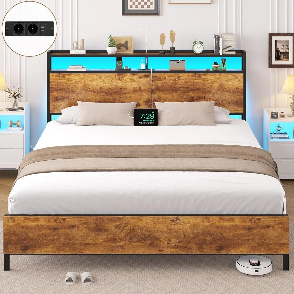 Cadre de Lit 120x200cm en métal avec tête de lit de Rangement et éclairage LED & Multiprise Intégrée (2 Prises CA, 2 Ports U