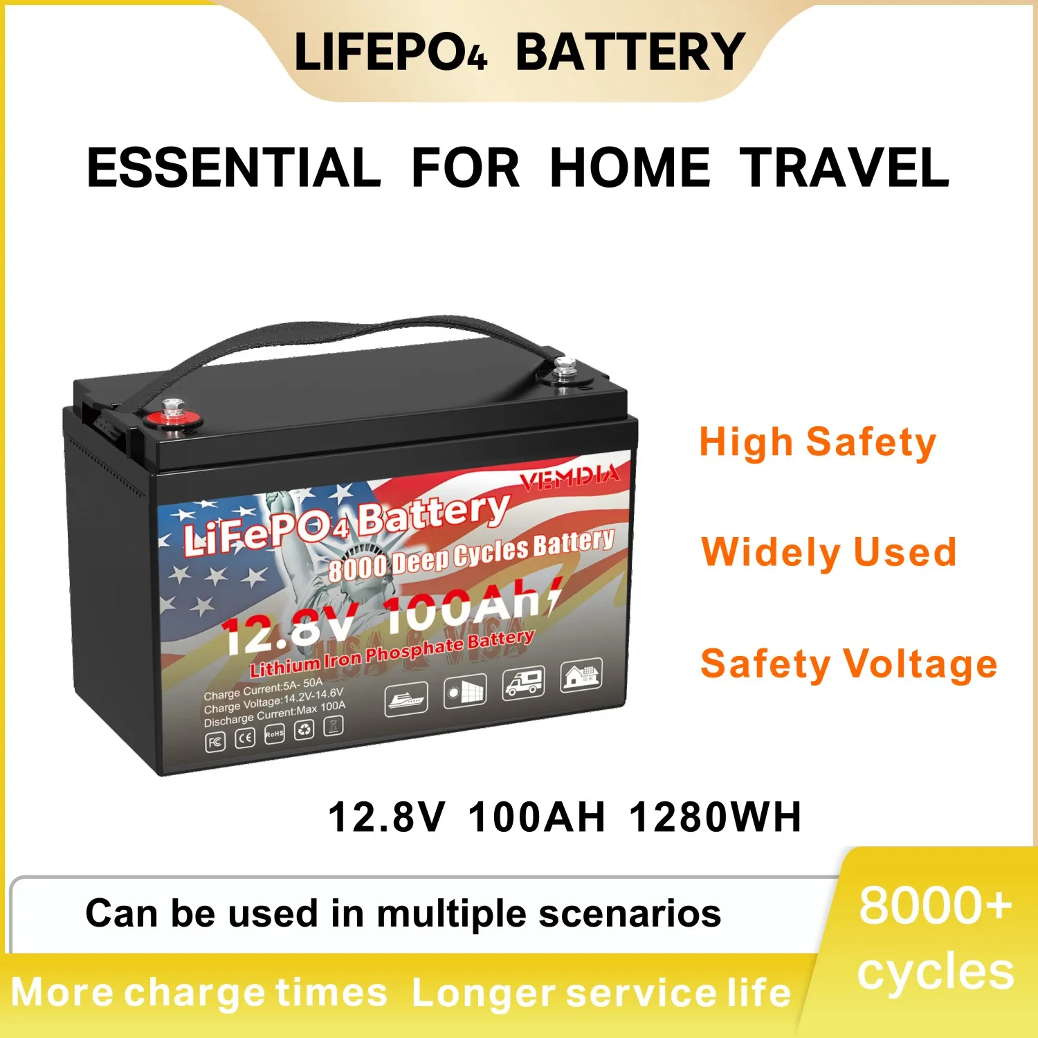 

VEMDIA 12V 100Ah LiFePO4 аккумулятор для солнечного морского троллингового двигателя RV, резервное питание