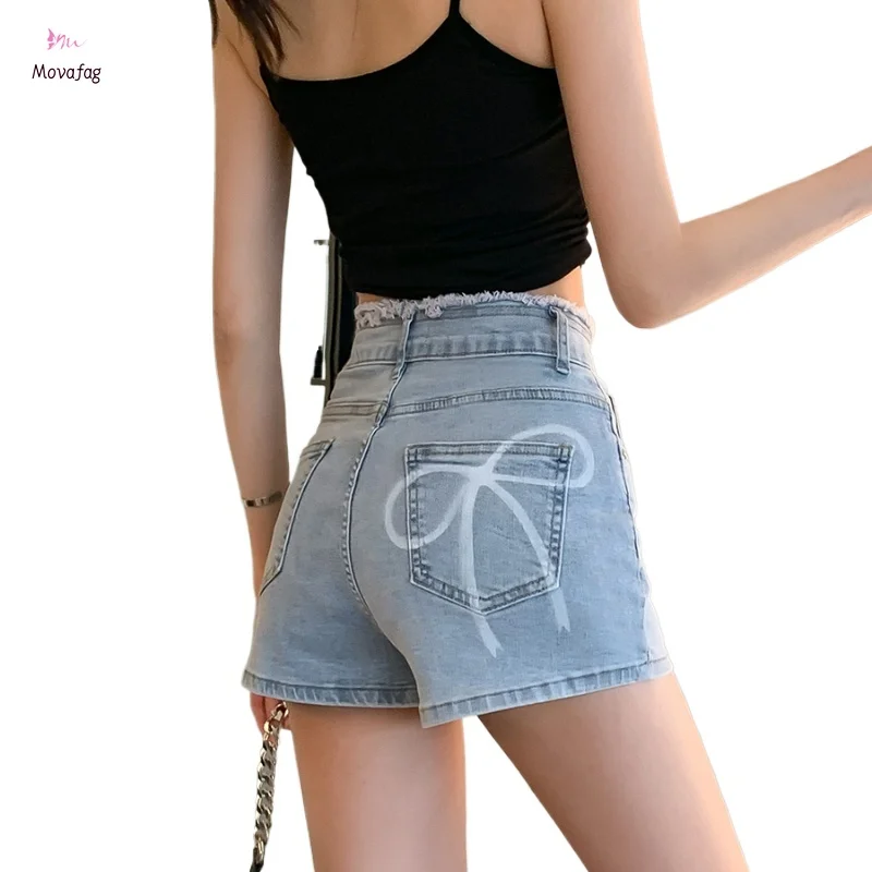 

Women's Short Jeans South Korea Fashion Sexy Washed Bow Print Stretch Straight Shorts