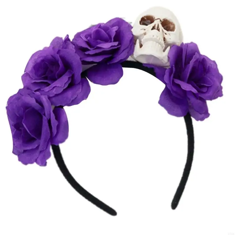 Friendly Plastic Skull Headbands with Simulated Flowers Costume Accessories For Halloween Party Headwear Y166