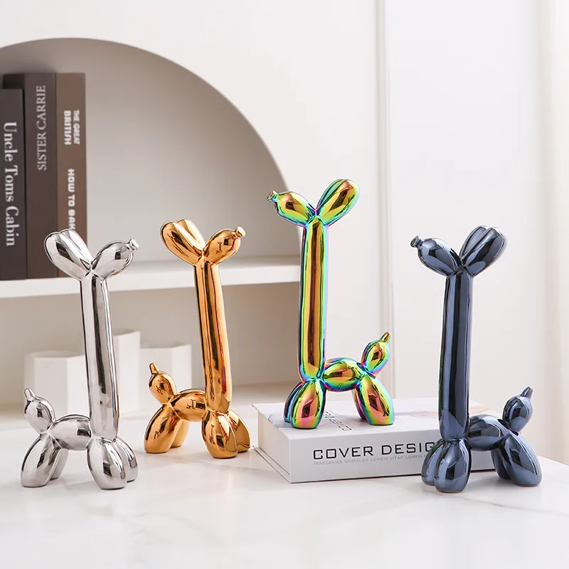 23cm/11cm Creative Gold Silver Balloon Dog Abstract Ceramic Ornament Pet Sculpture Figurine Statue Home Office Decoration Gift