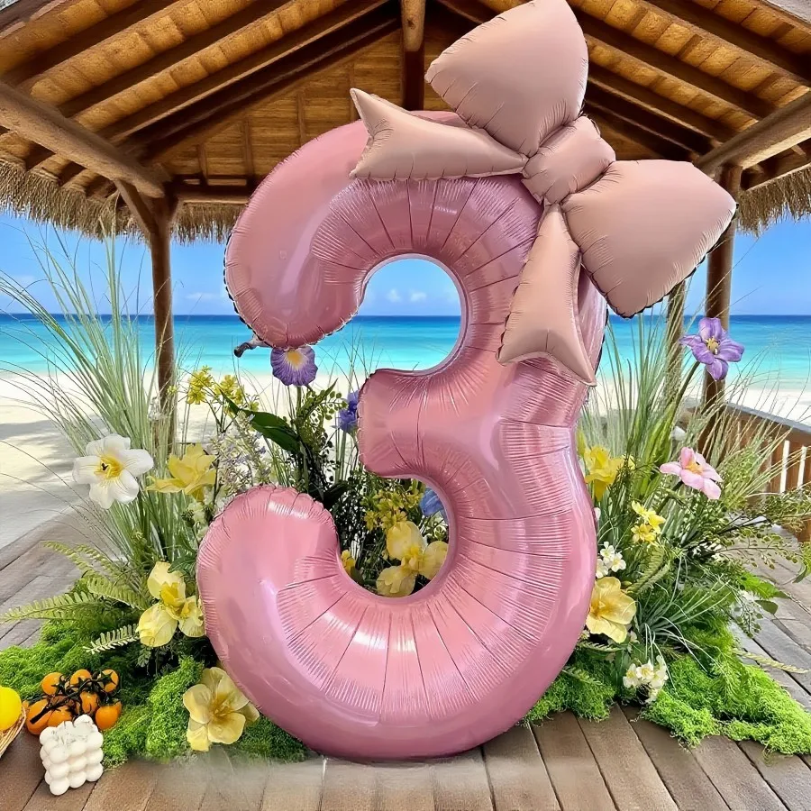 2pcs/set 32 inch pink numbered 0-9 balloons, 21 inch bow aluminum foil balloon set, suitable for birthday party decoration - Image 4
