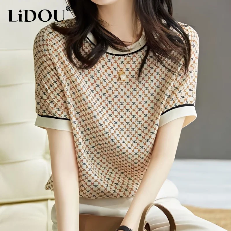 Summer Round Neck Short Sleeve Vintage Elegant Plaid Printing Chiffon T-Shirts Women Korean Style Thin Style Screw Thread Tees