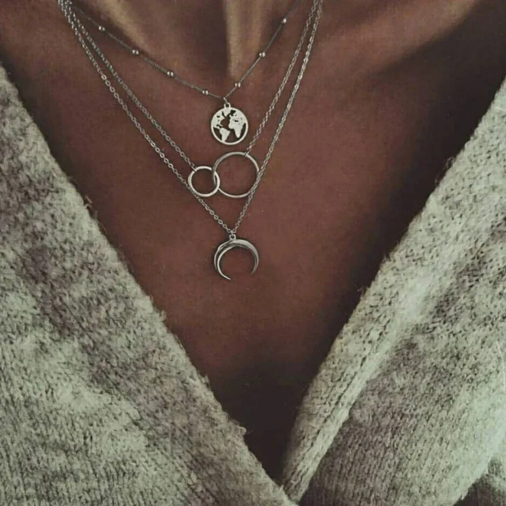 FSUNION 2025 New Retro Moon World Map Circle Pendant Multilayer Necklace For Women Fashion Jewelry Party Charm Accessories Gifts