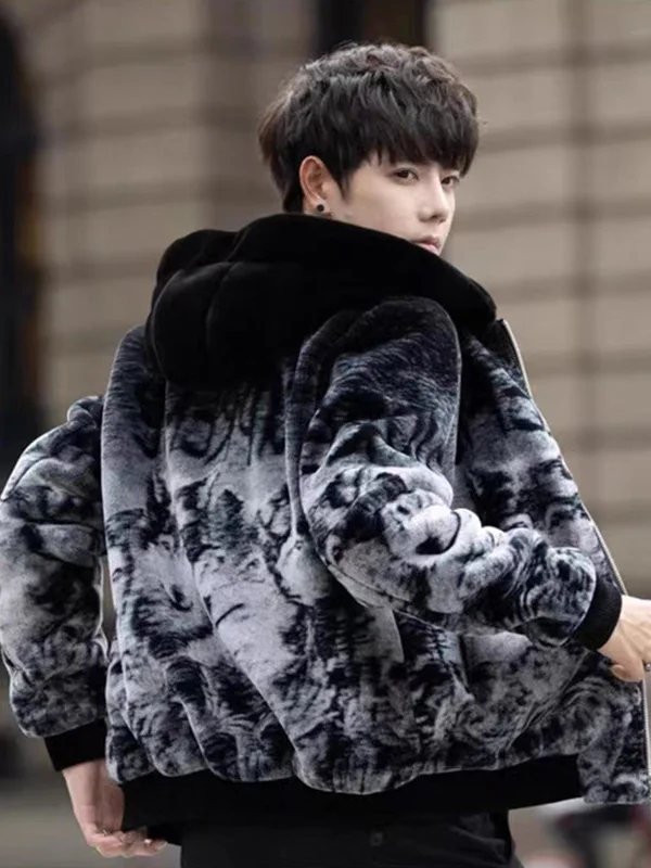 

Men's Velvet Hooded Jaet Warmth Zipper Casual Faion Autumn Winter High Sensation Trendy Brand Breathable Long Sve Coat