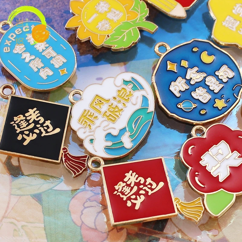 Wish Words Metal Charm Pendant 20pcs High Quality Lucky Enamel Charms Chinese Wishes Gold Earrings Making Accessories DIY image 3