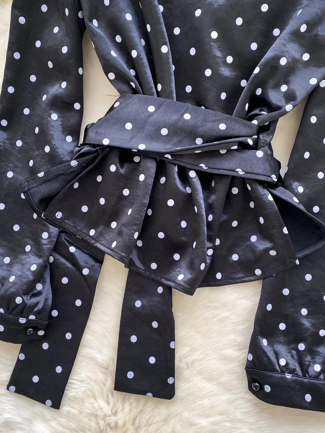 

Ele Long Sve Women's irt Lace Splice V-ne Polka Dot Satin Cross Tie Waist Design Commute Suitable Open Cardigan