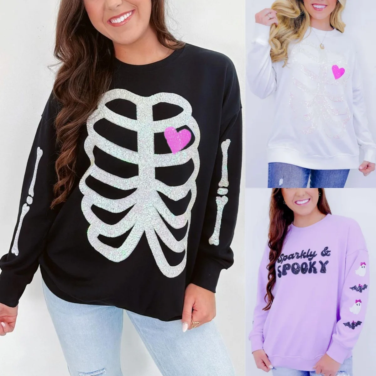 

Women'S Halloween Skeleton Sequined Long Sleeve Sweatshirt Pullover 2024 SEQUINs Top Cartoon Hoodie For Women