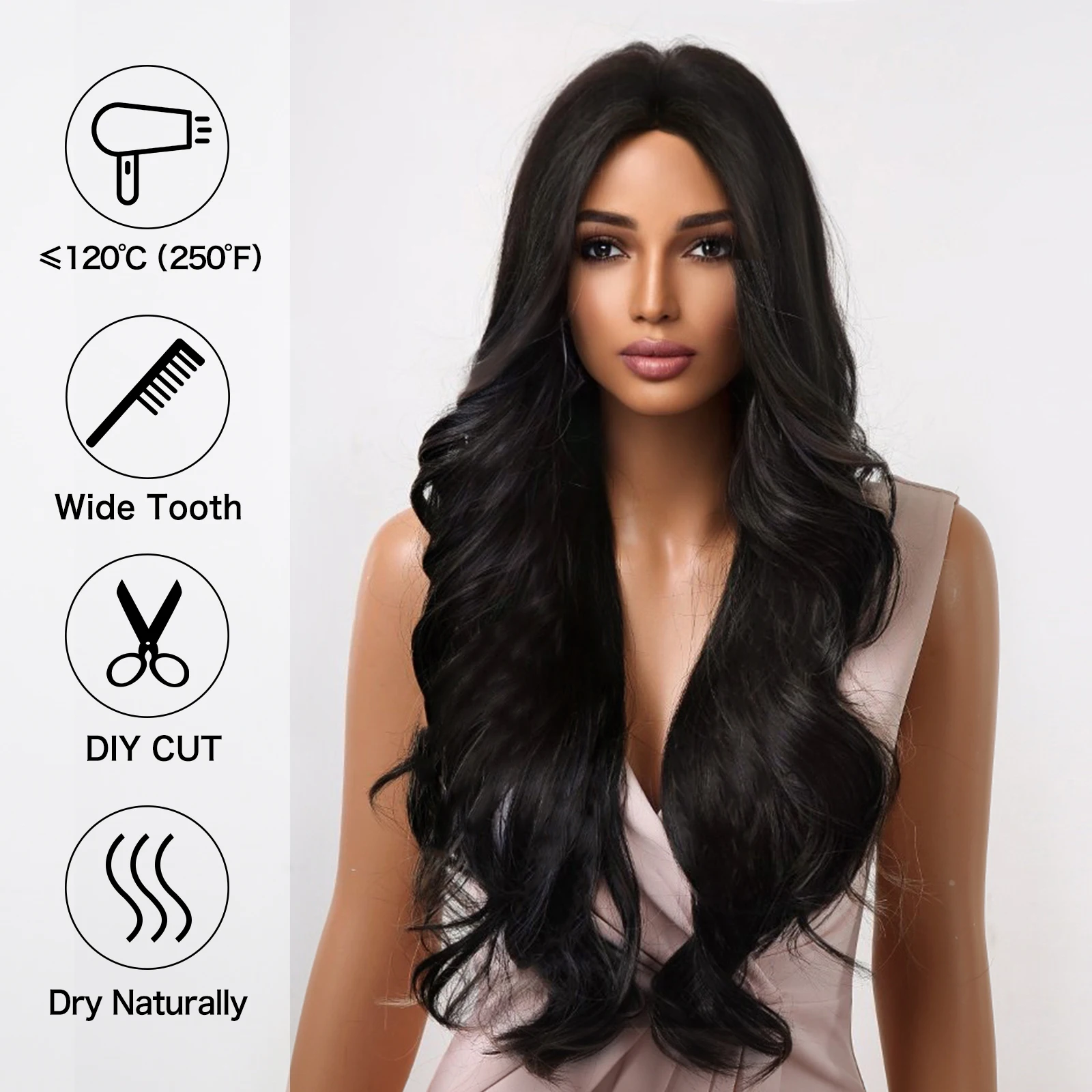 Cheap Long Body Wavy Black Synthetic Wig For Black Women Daily Party Black Curly Wig with Middle Part Wig Heat Resistant Fiber