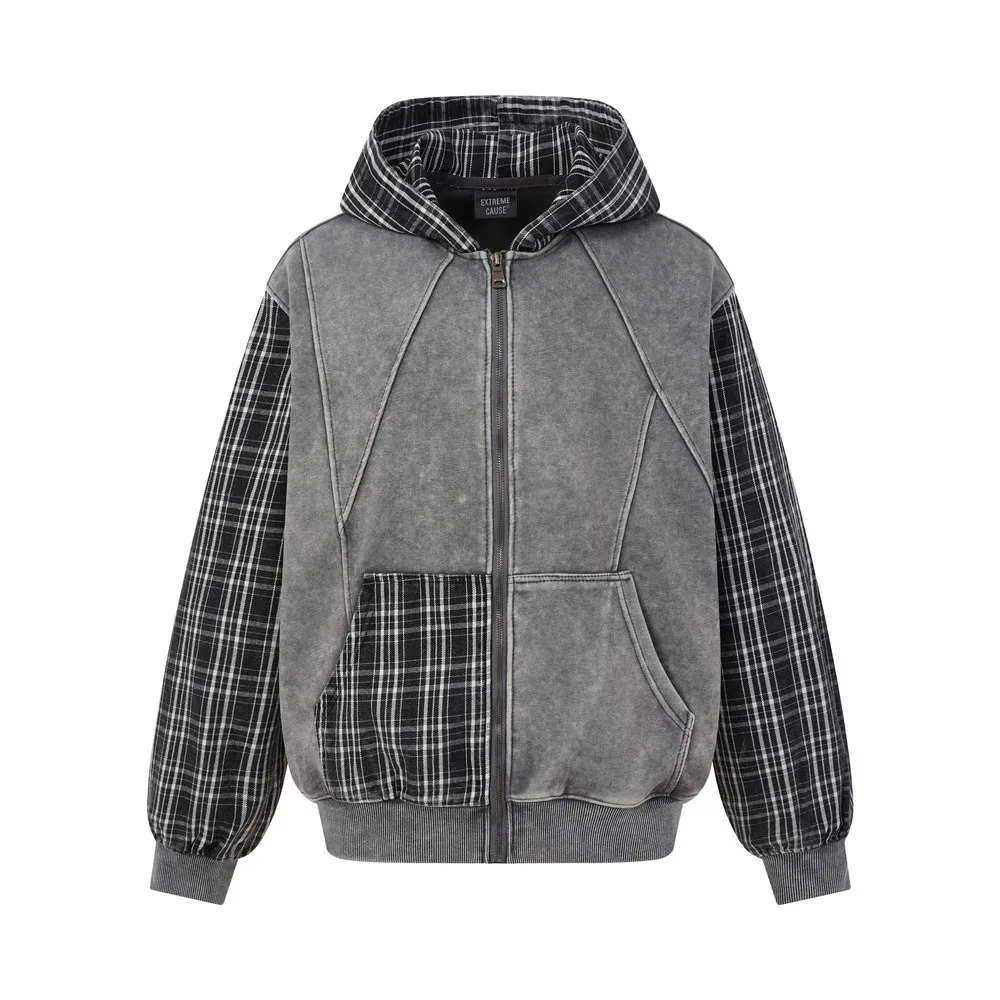 Patchwork Color Block Plaid Distressed Washed Winter Fall Goth Grunge Hoodies Coats Clothes Oversized Streetwear for Women Men