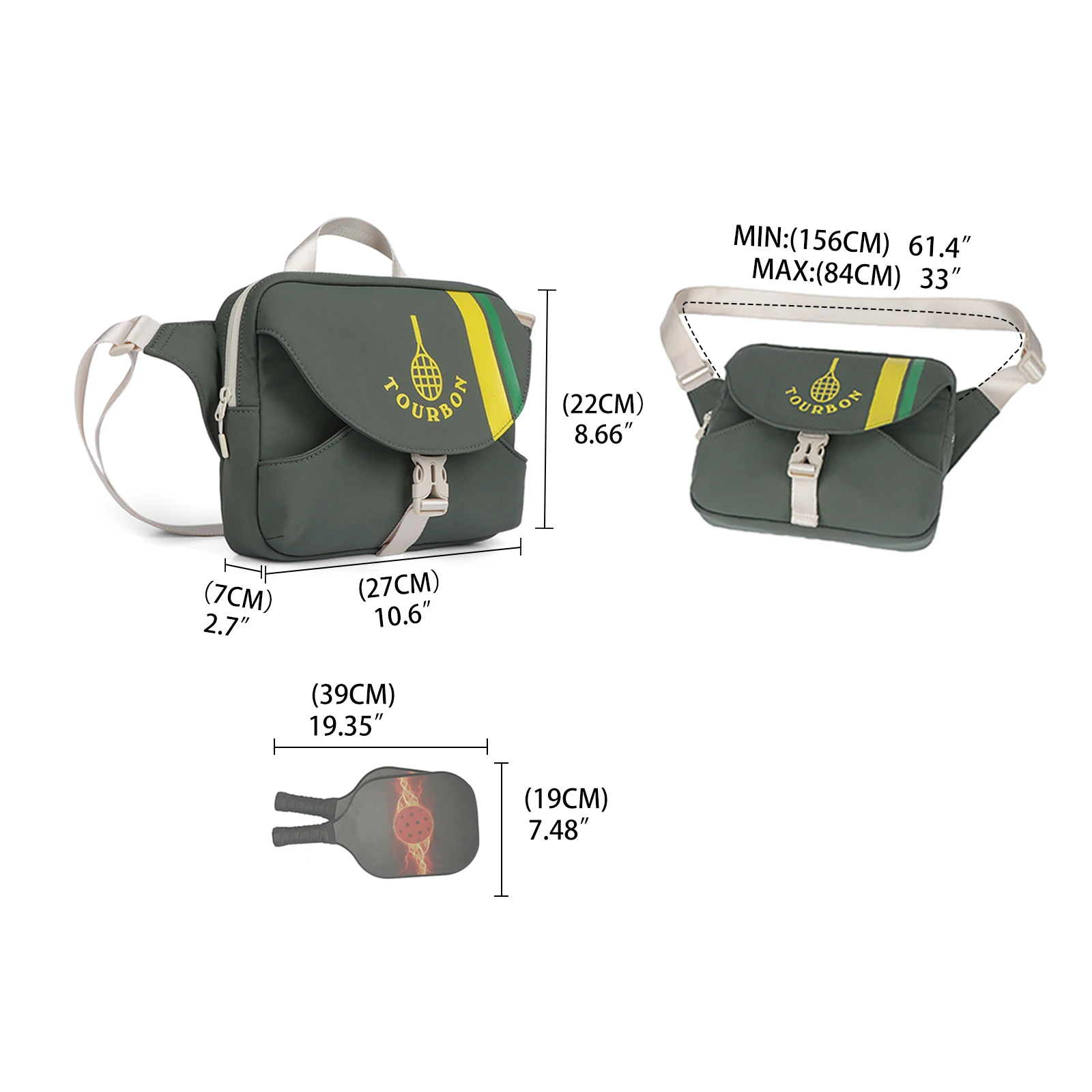Tourbon Pickleball Shoulder Bag Sports Crossbody Bag Nylon Light Weight with Adjustable Strap Green Outdoors view 3