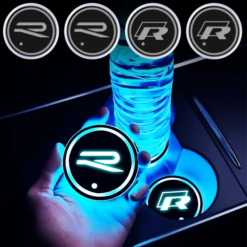 

1/2pcs Car Coasters with 7 Colors Changing Light for Volkswagen VW R Rline Polo Golf Jetta Beetle CC Bora Tiguan Touran Passat