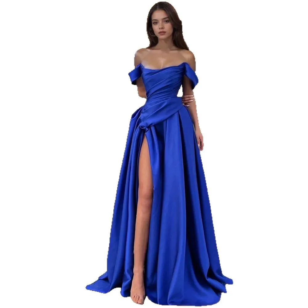 Elegant Royal Blue Evening Formal Dress 2026 Off the Shoudler Silt Long Satin Prom Pageant Party Gowns Robe De Soiree