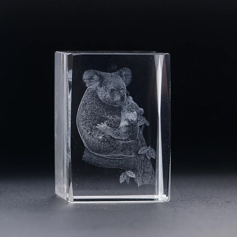 Crystal Cube Desktop Ornaments Internal 3D Dimensional Laser Engraving Koala Model Feng Shui Paperweight Glass Crafts Home Decor