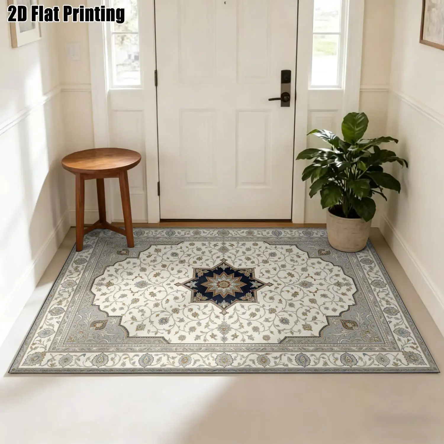 1Pc 2D Printed Carpet: Beige & Blue Floral Geometric Patterns, European Vintage Bohemian Style, Multi-Size, Machine Washable, Ideal for Home Decor Including Entryway, Dining Room, Foyer, Bedroom, Living Room
