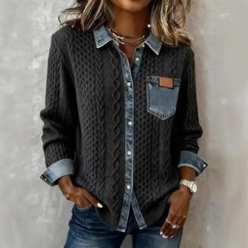 

New Women's Knitted Patchwork Denim Shirt Spring Autumn Fashion Knitted Base Shirt Female Casual Knitted Cardigan Outerwear