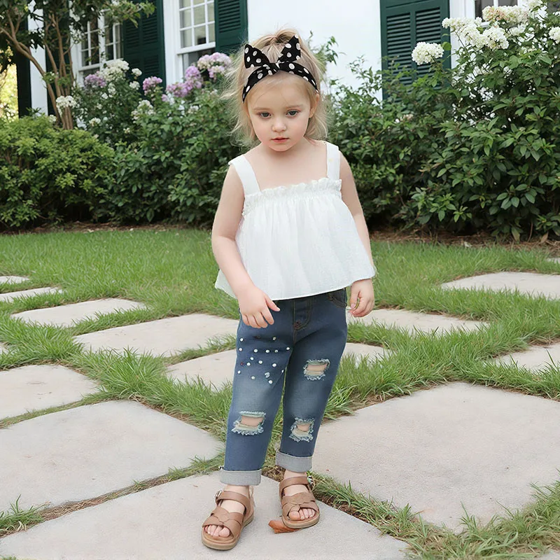 1-6years Girls Summer Pants Clothes Sets White Cami Tops daily cute Denim Pants Kids girls Outfits