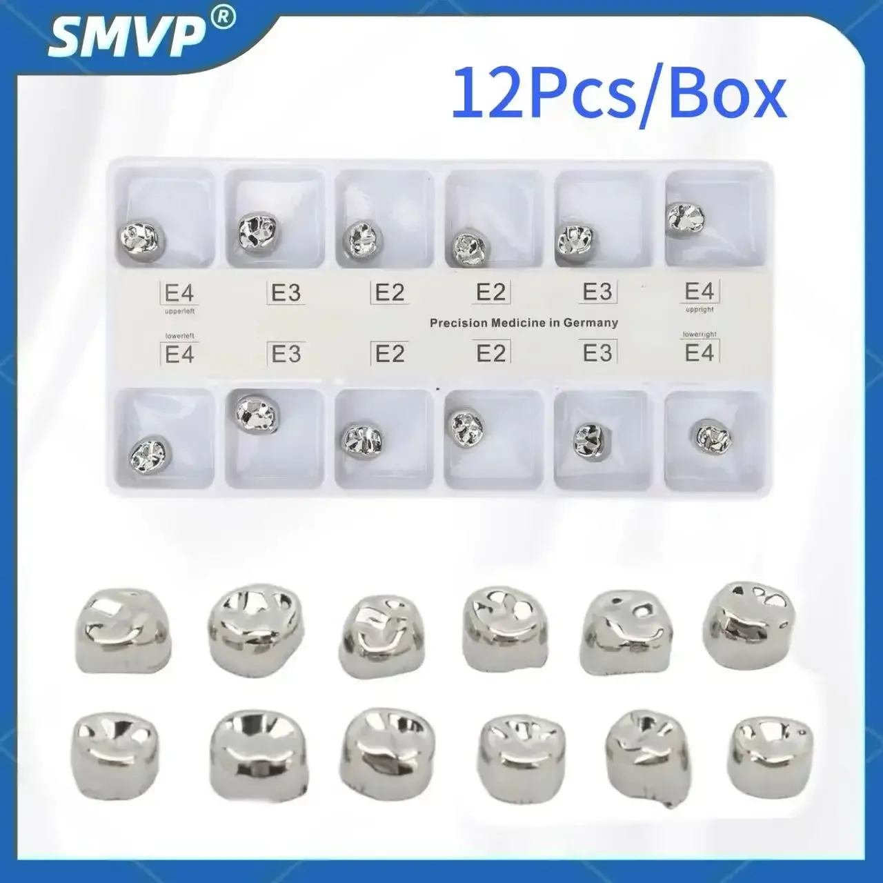 

12Pcs/Box Dental Preformed Metal Crown For Adult Kids Stainless Steel Temporary Crowns Primary Molar Teeth Dentist Materials