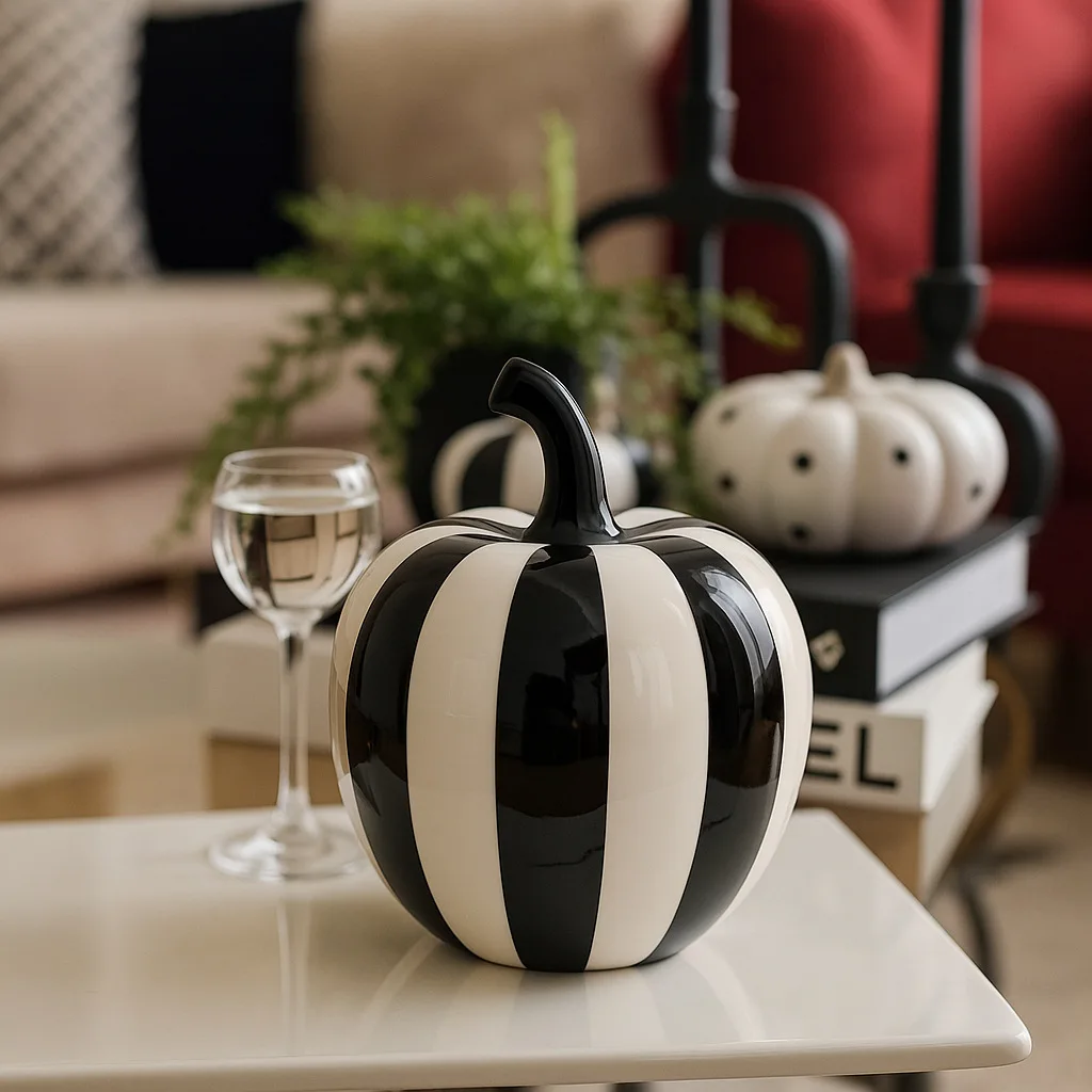 Black & White Striped Apple Pear Ceramic Statue Minimalist Fruit Sculpture Ornament Desk Room Aesthetic Home Tabletop Decoration