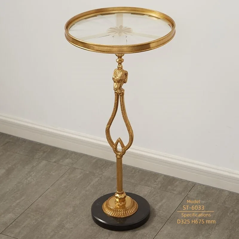 French style luxury lamb head full copper corner table with retro marble base and gold tea table decoration on the edge