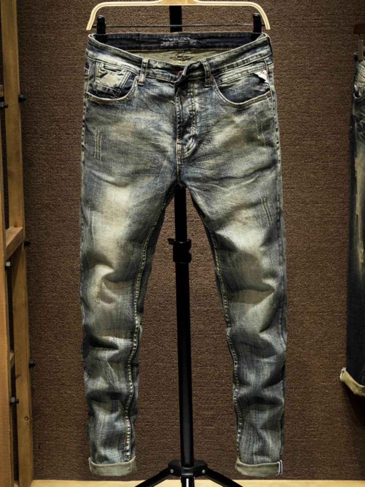 

Men's Slim Fit Jeans Patchwork Hole Korean Sle Spring Autumn Straight Leg Retro Waed Casual Wear Resistant Small Straight...