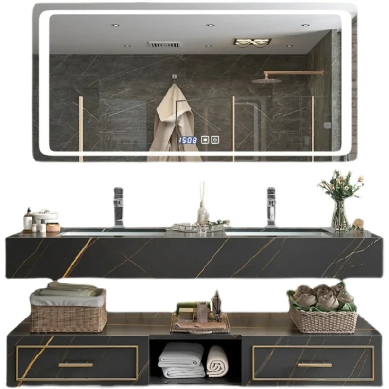 

Stone Plate Integrated Double Basin Bathroom Cabinet Combination Simple and Wash Face Basin Cabinet Bathroom Table