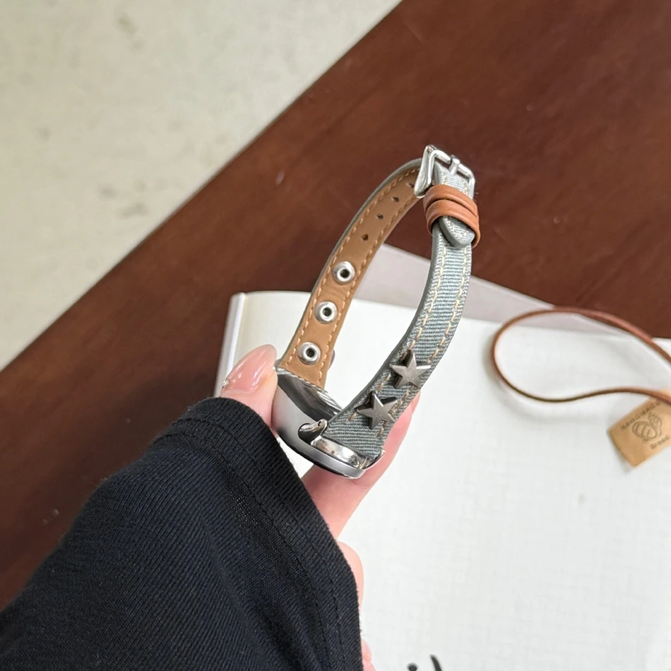 Star Rivet Denim Canvas Leather Bracelet For Xiaomi Mi Band 10 8 9 Strap Miband 9Pro 8 Pro Stylish Smart Watch Replacement Bands