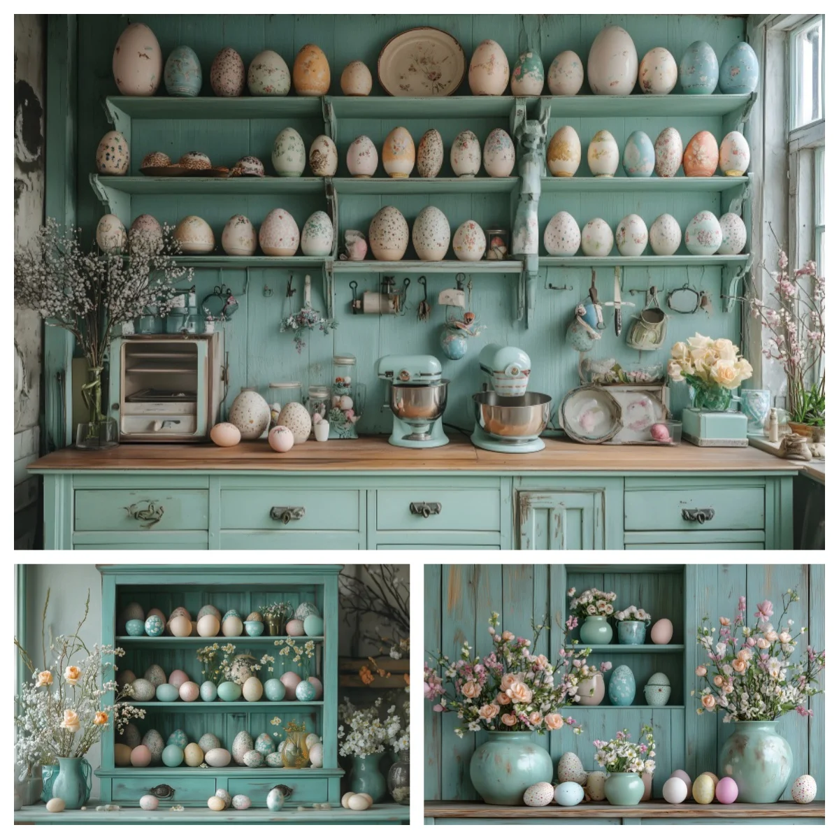 Spring Easter Egg Cabinet Photography Background Rural Kitchen Flower Baby Shower Kid Adult Portrait Backdrop Photo Studio Prop