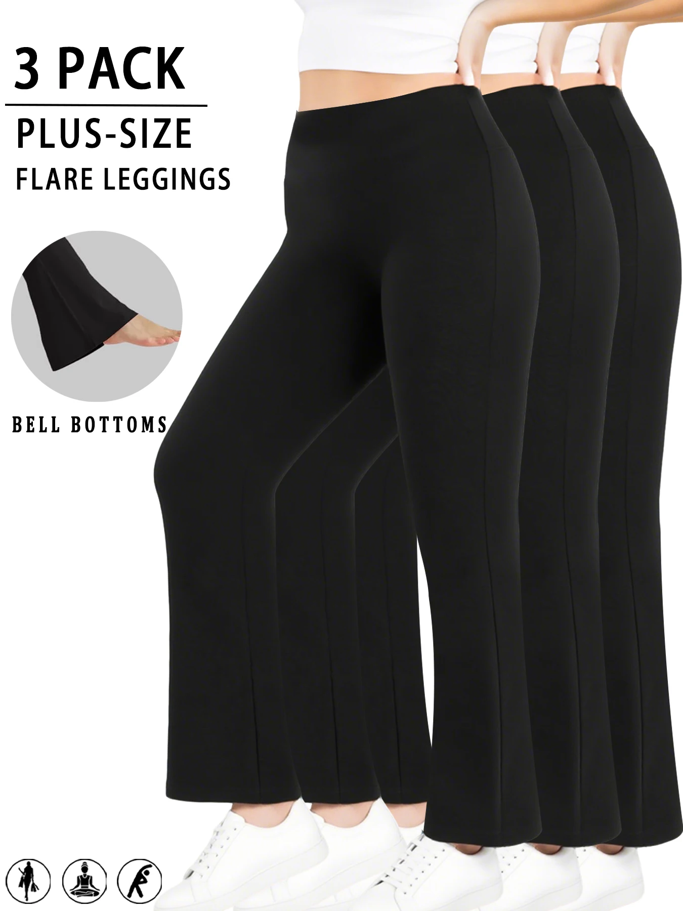 

Комплект из 3-х элегантных женских расклешенных брюк больших размеров с высокой талией для занятий йогой. Подходит для женщин, любящих носить леггинсы на отдыхе.