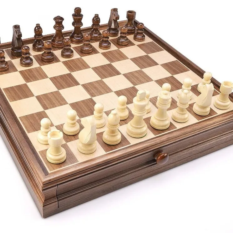 Walnut Solid Wood 2 in 1 Chess & Checkers Set with Storage Drawer