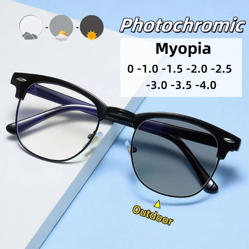 

New Photochromic Myopia Glasses Men's and Women's Retro High-end Feeling Blue Light Blocking Eye Protection Diopter To -4.0