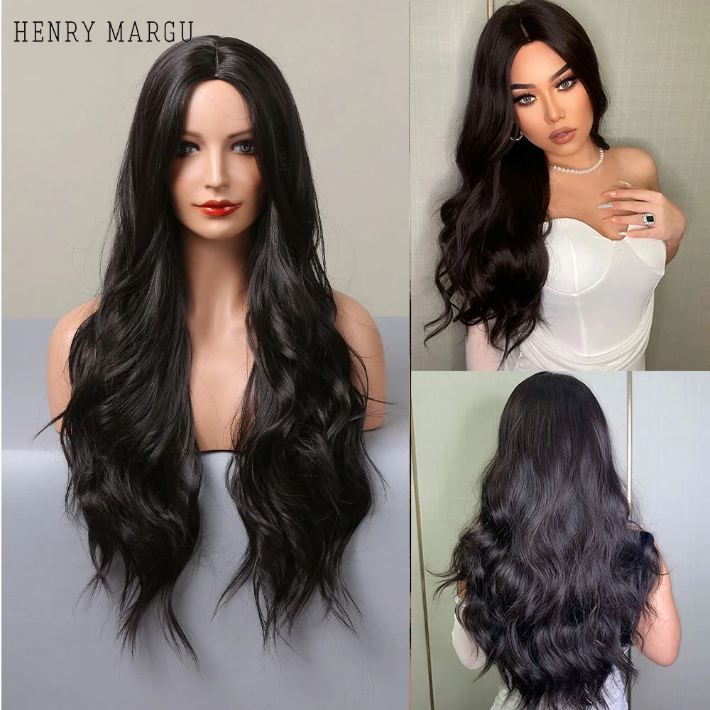 HENRY MARGU Long Black Brown Synthetic Wigs for Women Middle Part Wigs Natural Hair Wavy Wig Cosplay Heat Resistant Hair Wig