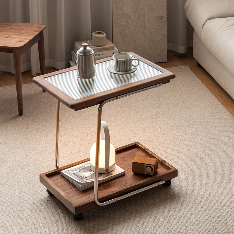 black walnut solid wood edge table, movable sofa corner table, modern simple trolley