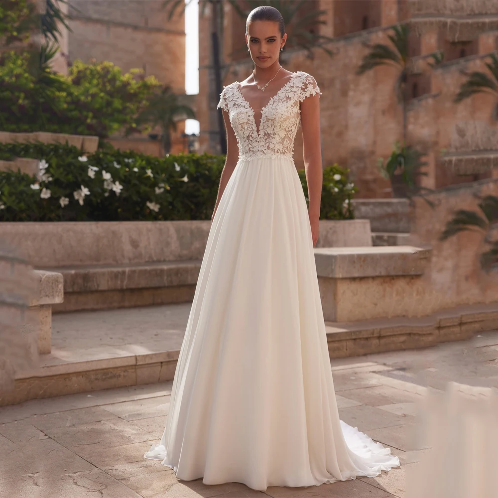 

A-Line Lace Boho Wedding Dress 2025 Bridal Chiffon Cap Sleeve V-Neck Open Back Applique Luxury Elegant Bridal Gown Customized