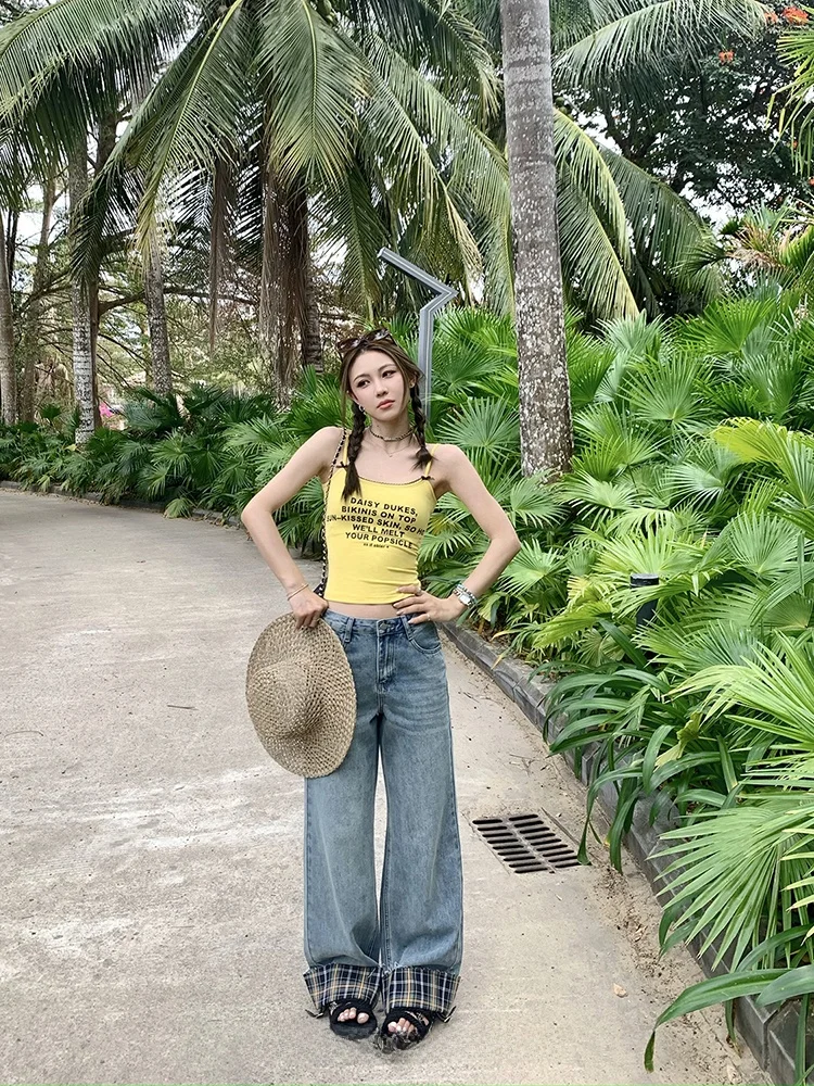 

High Waist Wide Leg Plaid Cuff Denim Jeans Women's Vintage Player Retro Sle Spring Faion Ladies' Premium Quali Jeans