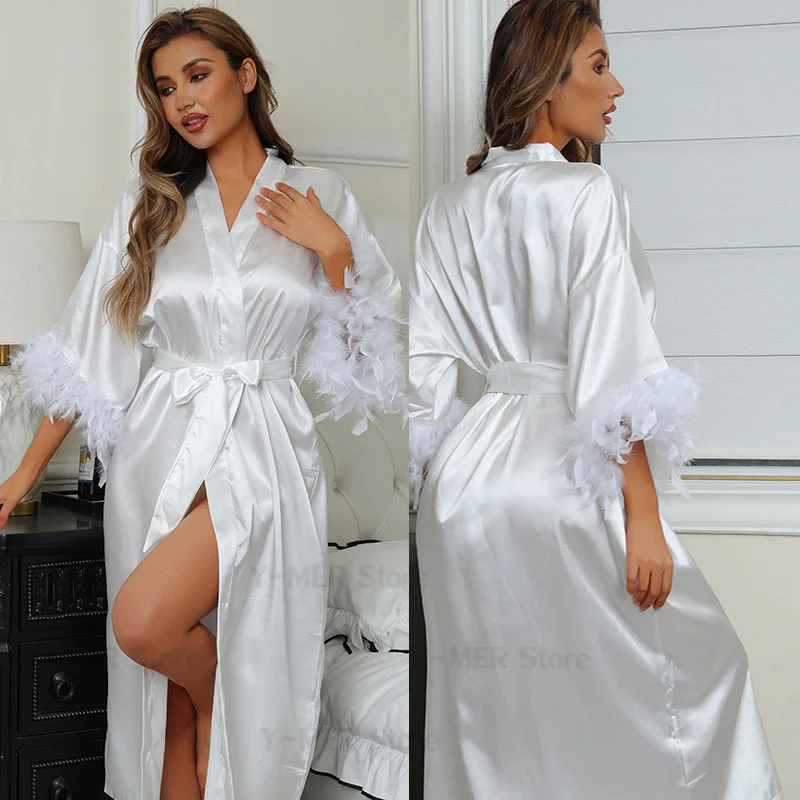 

Satin Bride Dressing Gown Women Elegant Feather Sleeve Kimono White Long Robe Pijama Noiva Summer New Peignoir Femme Sexy