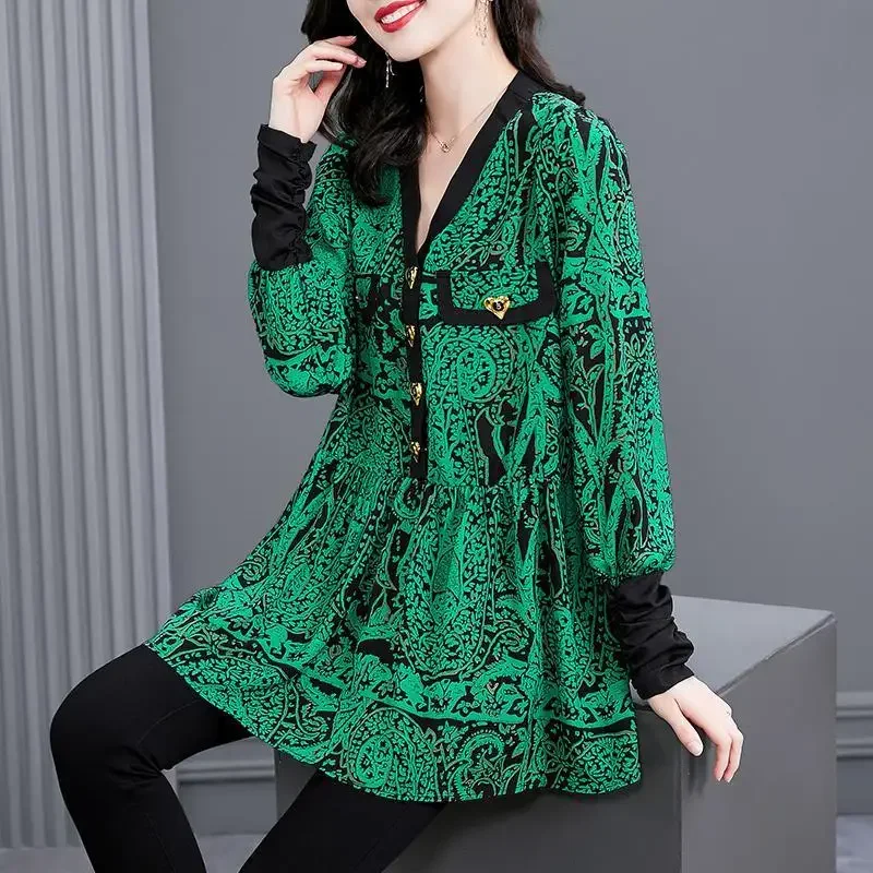Elegant Vintage V-Neck Printed Midi T-shirt Women's Clothing Fashion Button Spliced Loose All-match Long Sleeve Tops for Female