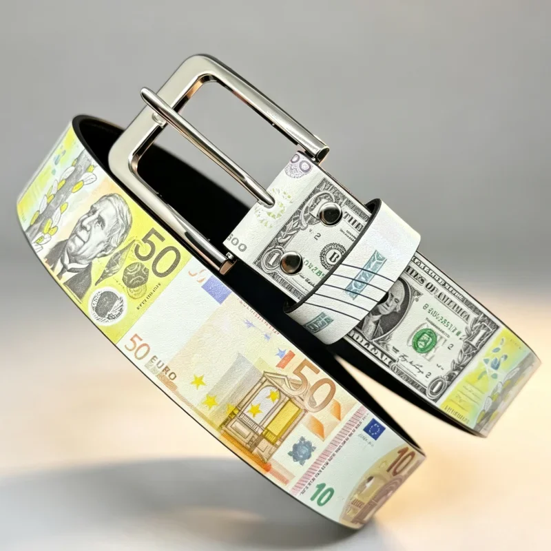 Unisex Y2K Streetwear Money Print Waist Belt Retro US Dollar Euro Bank Note Pattern Leather Adjustable Pin Buckle Belt for Pants