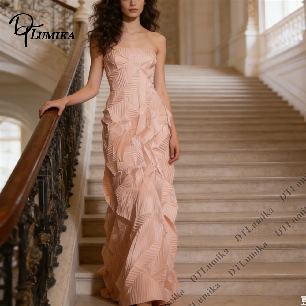 

DTLumika Strapless Ruched Long Evening Dresses Pearl Pink Wedding Ceremony Semi-Formal Dress Red Carpet Customized Gowns