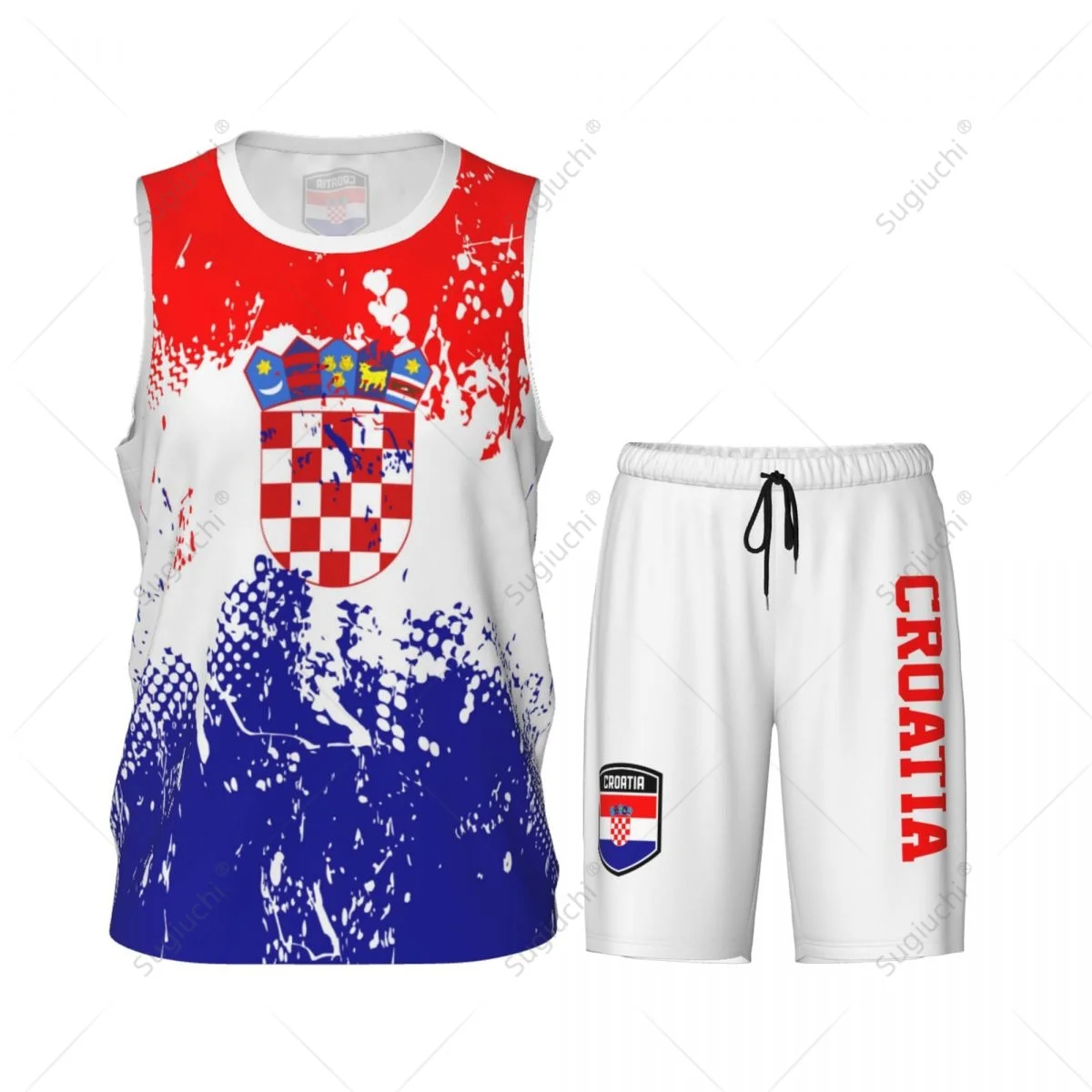 Croatia Flag Grain Men Basketball Set Shirt & Pants Sleeveless