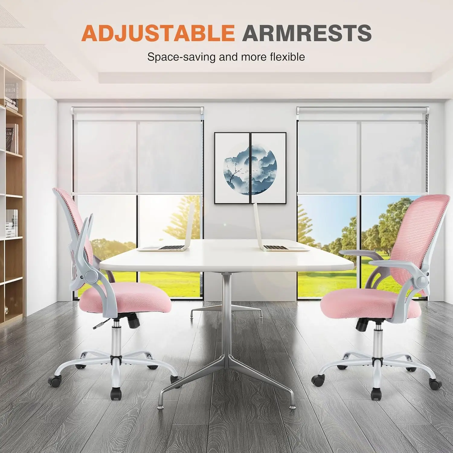 Ergonomic Mid-Back Mesh Office Chair with Lumbar Support, Flip-up Arms, Swivel, Rolling, Pink view 6
