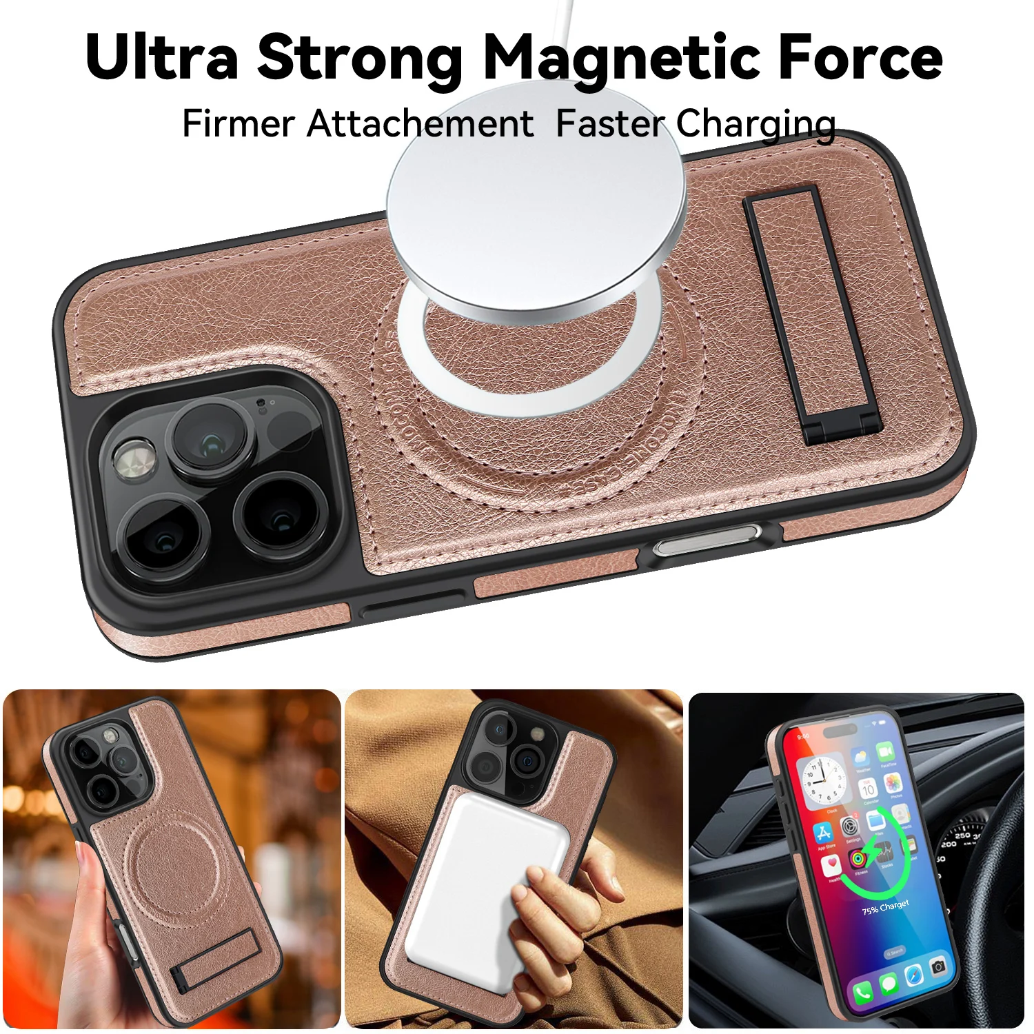 Luxury Magnetic Wireless Charging Leather Holder Phone Case For iPhone 16 15 14 13 12 11 Pro max Plus Folding Stand Cover