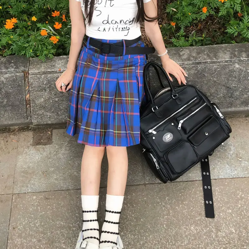 Korean Fashion Harajuku Style Summer Vintage Blue Plaid Pleated Skirts for Women High Waisted A-line Y2k Girls Knee-length Skirt