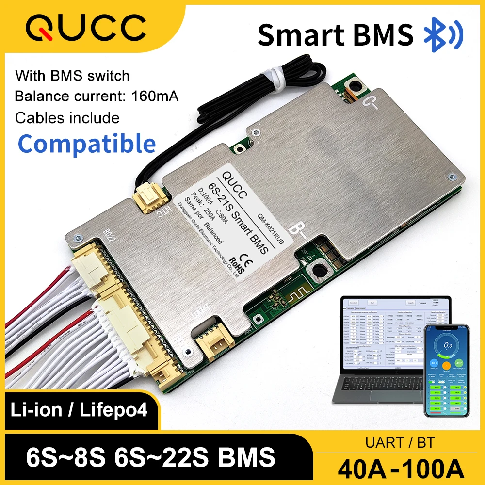 Qucc 100A 50A 6S 7S 8S 10S 12S 13S 14S 15S 16S 20S 21S 24V 48V 60V 72V Smart BMS Li Ion Lifepo4 Balance Board Internal Bluetooth